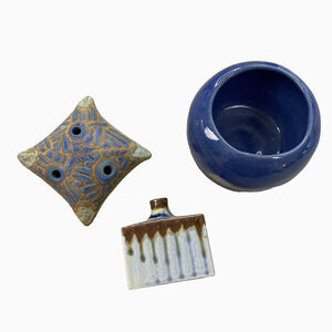 Studio Art Pottery Lot of 3 Blue Signed Bowl Jar Trinket Incense Burner Bud Vase